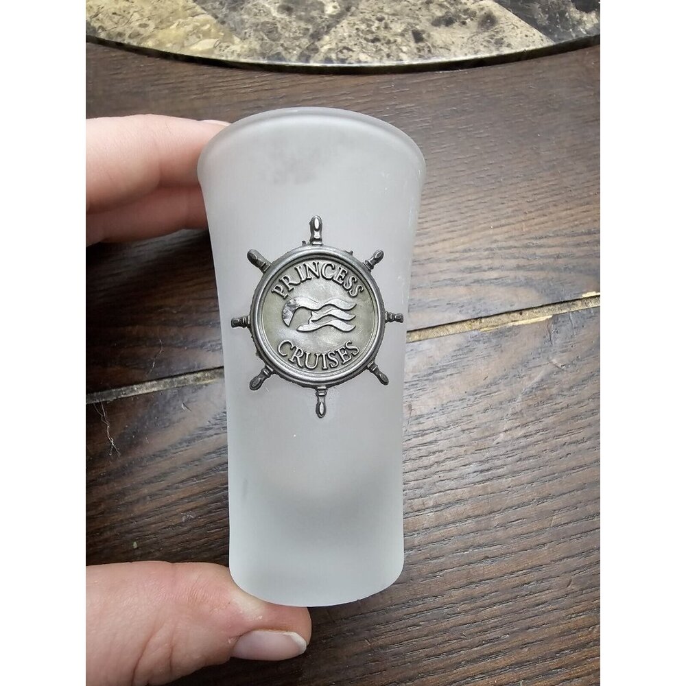 PRINCESS CRUISES Souvenir Shot Glass 3-1/2" 2oz Frosted w/ Metal emblem Vintage